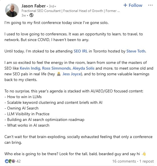 LinkedIn post from Jason Faber about SEO IRL 2025