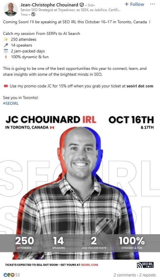 LinkedIn post from Jean-Christophe Chouinard about SEO IRL 2025