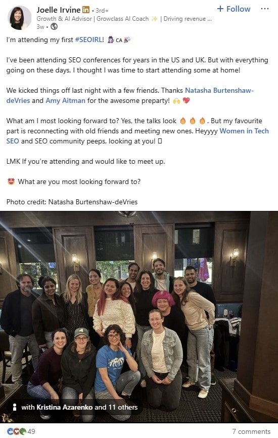 LinkedIn post from Joelle Irvine about SEO IRL 2025