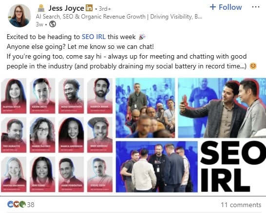 LinkedIn post from Jess Joyce about SEO IRL 2025