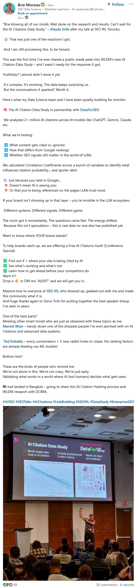 LinkedIn post from Brie Moreau about SEO IRL 2025