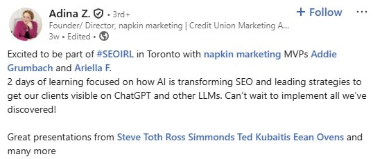 LinkedIn post from napkin marketing about SEO IRL 2025