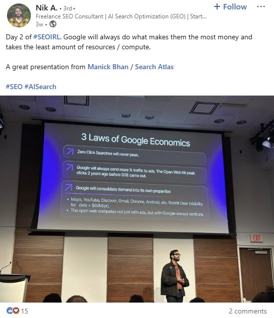 LinkedIn post from Nik A. about SEO IRL 2025