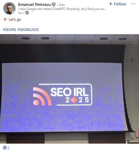 LinkedIn post from Emanuel Petrescu about SEO IRL 2025