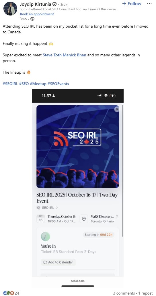 LinkedIn post from Joydip Kirtania about SEO IRL 2025