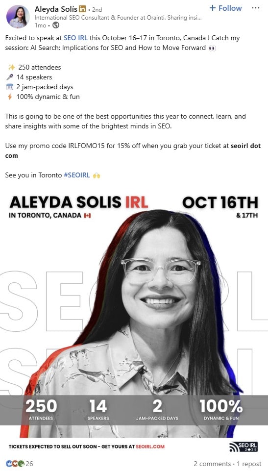 LinkedIn post from Aleyda Solís about SEO IRL 2025