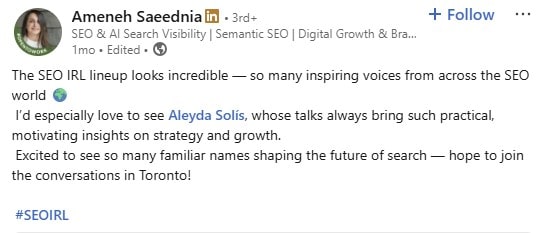 LinkedIn post from Ameneh Saeednia about SEO IRL 2025
