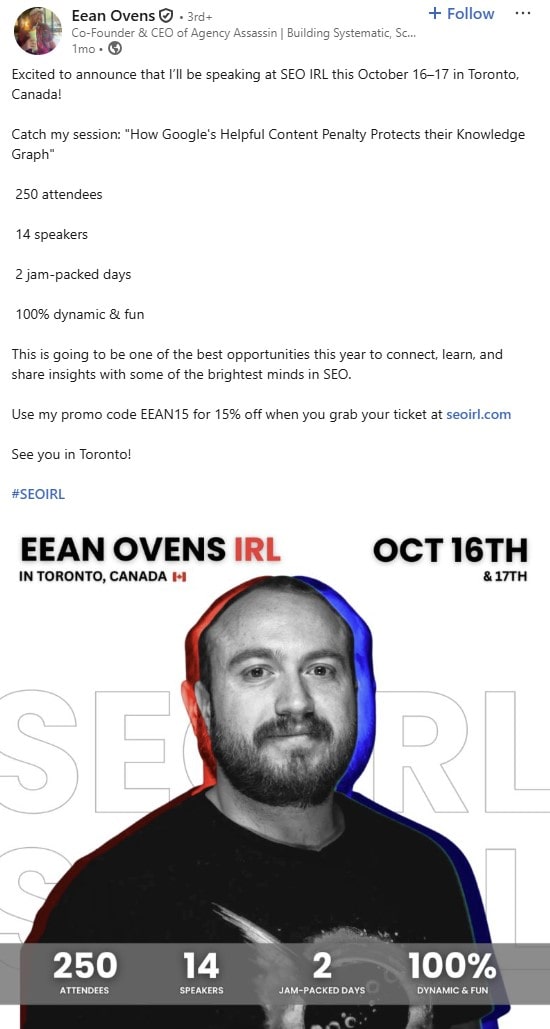 LinkedIn post from Eean Ovens about SEO IRL 2025