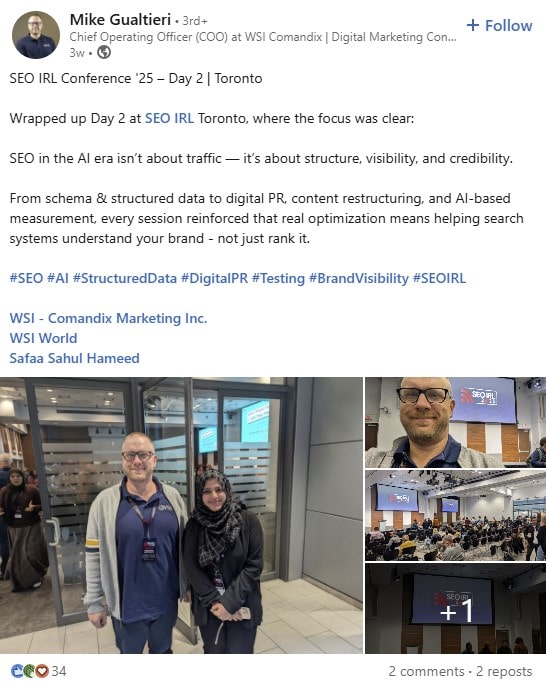 LinkedIn post from Mike Gualtieri about SEO IRL 2025