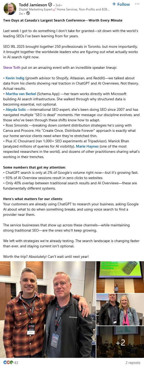 LinkedIn post from Todd Jamieson about SEO IRL 2025