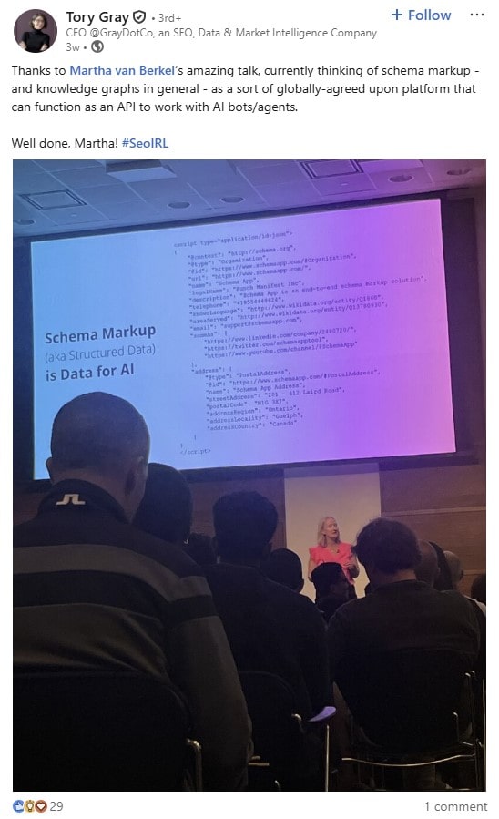 LinkedIn post from Tory Gray about SEO IRL 2025