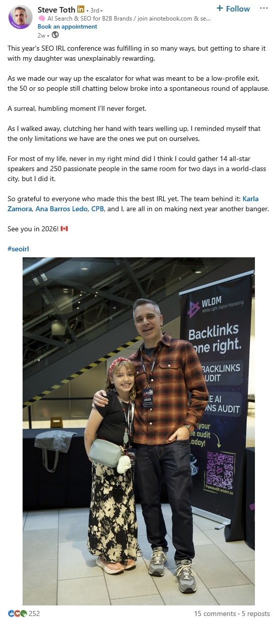 LinkedIn post from Steve Toth about SEO IRL 2025