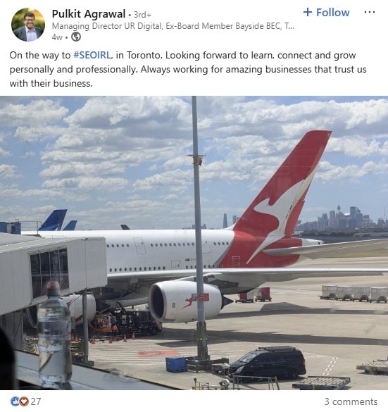 LinkedIn post from Pulkit Agrawal about SEO IRL 2025