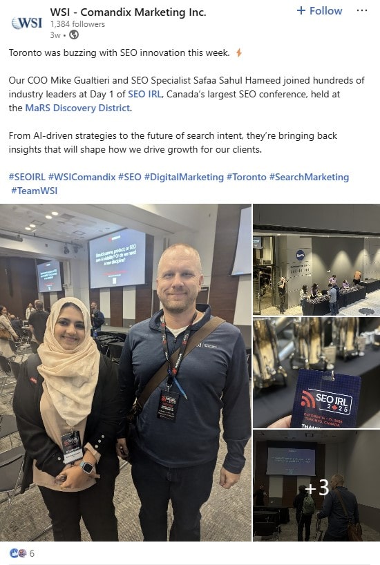 LinkedIn post from WSI - Comandix Marketing Inc. about SEO IRL 2025