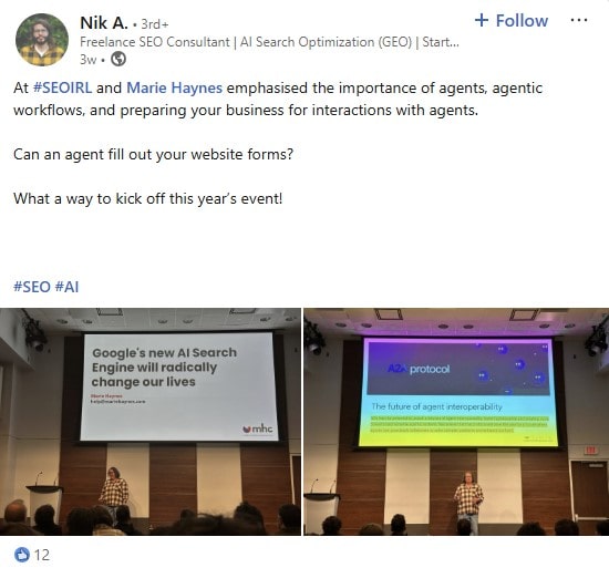 LinkedIn post from Nik A. about SEO IRL 2025