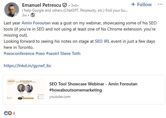 LinkedIn post from Emanuel Petrescu about SEO IRL 2025