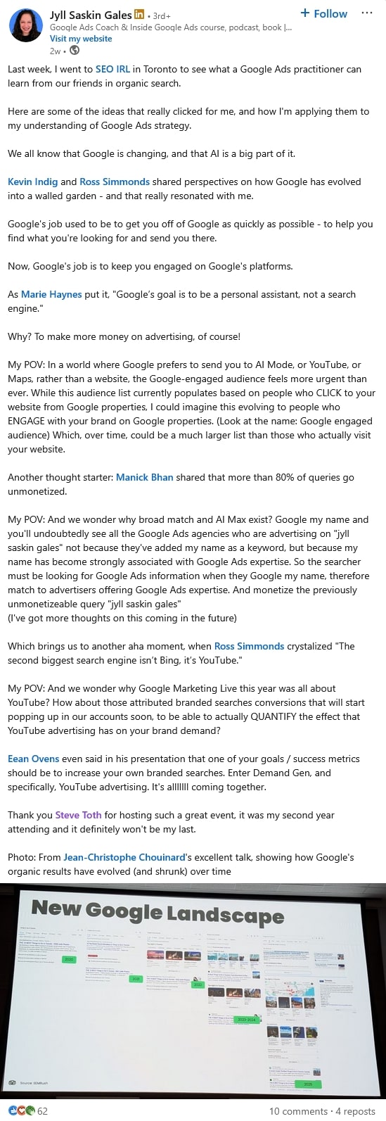 LinkedIn post from Jyll Saskin Gales about SEO IRL 2025
