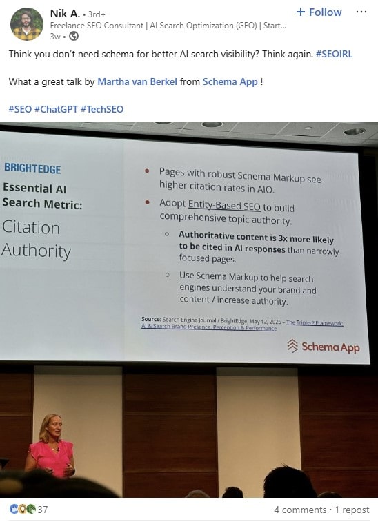 LinkedIn post from Nik A. about SEO IRL 2025